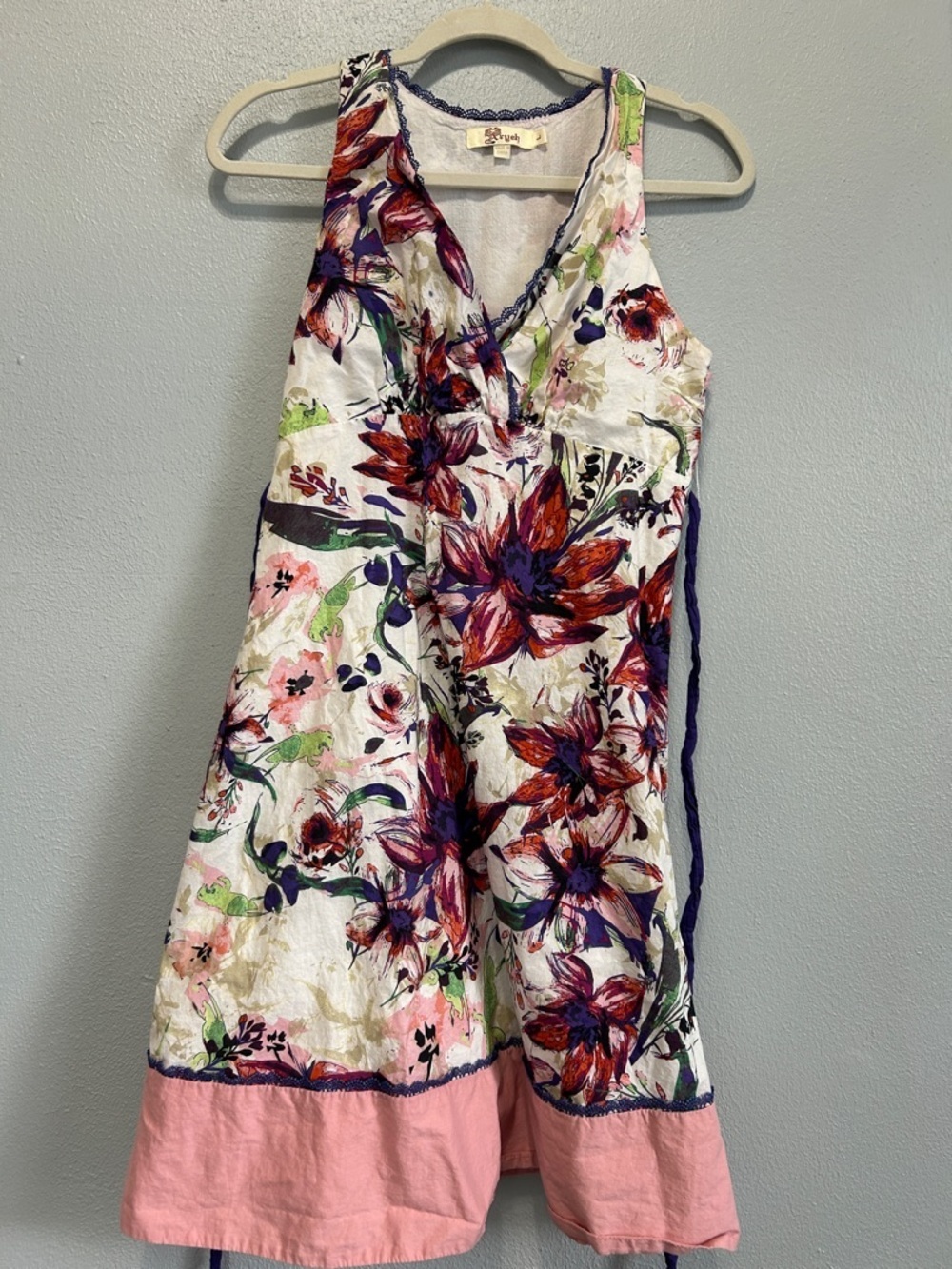 Aryeh Light Lavender and pink dress with navy lace trim. Size L
